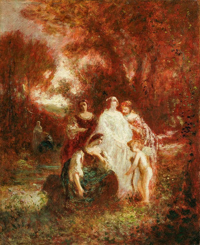 Figures in the Woods Black Ornate Wood Framed Art Print with Double Matting by Monticelli, Adolphe