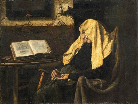 Old Woman Asleep White Modern Wood Framed Art Print with Double Matting by France 19th Century