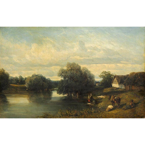 Cottage by the River with Washerwomen Black Modern Wood Framed Art Print with Double Matting by Flers, Camille