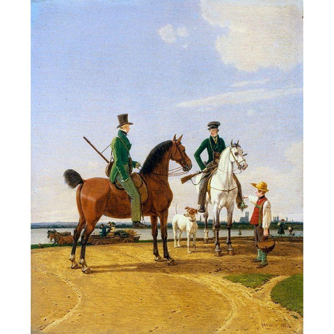 Hunter and Lord at the River Isar with View of Munich Gold Ornate Wood Framed Art Print with Double Matting by Kobell, Wilhelm von