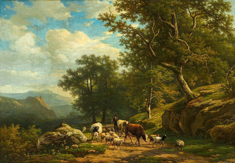 Landscape with a Peasant and His Flock White Modern Wood Framed Art Print with Double Matting by Daiwaille, Alexander Joseph