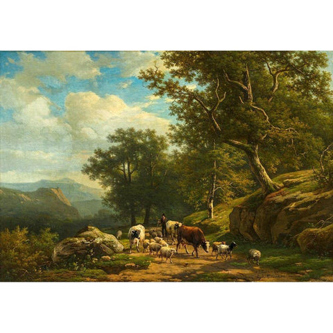 Landscape with a Peasant and His Flock Black Modern Wood Framed Art Print with Double Matting by Daiwaille, Alexander Joseph