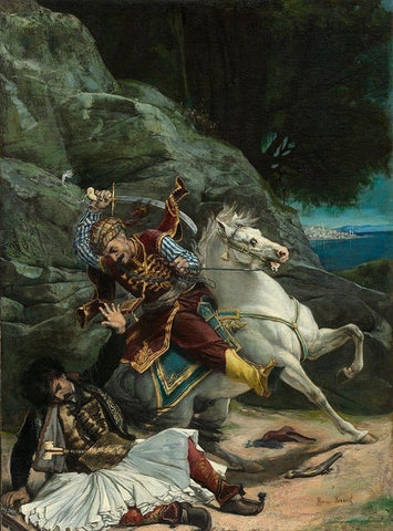 Combat of a Greek and a Turk Black Ornate Wood Framed Art Print with Double Matting by Vernet, After Horace