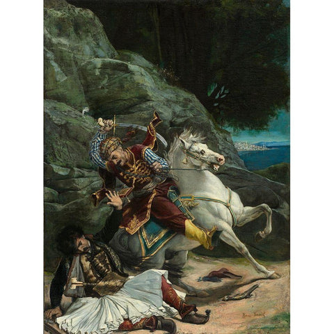 Combat of a Greek and a Turk White Modern Wood Framed Art Print by Vernet, After Horace