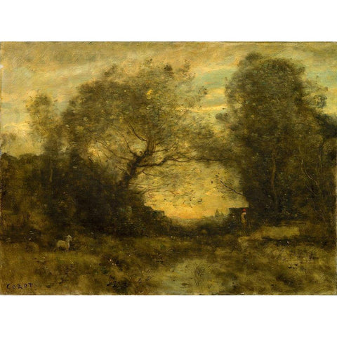 The Pond at the Entrance of the Woods Black Modern Wood Framed Art Print with Double Matting by Corot, Jean Baptiste Camille