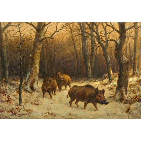 Wild Boars in the Snow Gold Ornate Wood Framed Art Print with Double Matting by Bonheur, Rosa