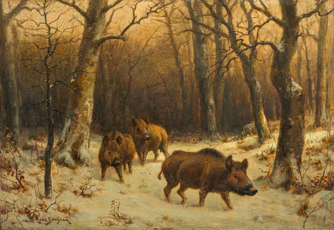 Wild Boars in the Snow Black Ornate Wood Framed Art Print with Double Matting by Bonheur, Rosa