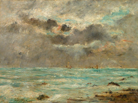 The Coast at Trouville Black Ornate Wood Framed Art Print with Double Matting by Boudin, After Eugene