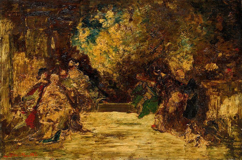Figures on a Terrace Black Ornate Wood Framed Art Print with Double Matting by Monticelli, Adolphe