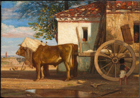 Oxen before a Farmhouse at Le Verrier White Modern Wood Framed Art Print with Double Matting by Decamps, Alexandre-Gabriel