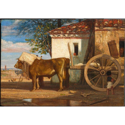 Oxen before a Farmhouse at Le Verrier Gold Ornate Wood Framed Art Print with Double Matting by Decamps, Alexandre-Gabriel