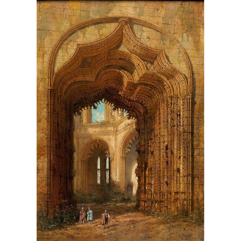 Ruined Church Gold Ornate Wood Framed Art Print with Double Matting by Dauzats, Adrien