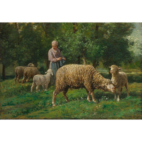 Shepherdess with Sheep Black Modern Wood Framed Art Print by Jacque, Charles-Emile