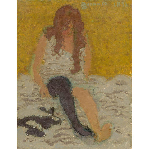 Woman Putting on Her Stockings White Modern Wood Framed Art Print by Bonnard, Pierre