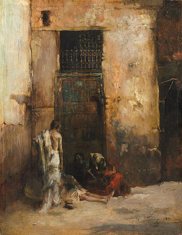 Beggars by a Door White Modern Wood Framed Art Print with Double Matting by y Carbo, Mariono Fortuny