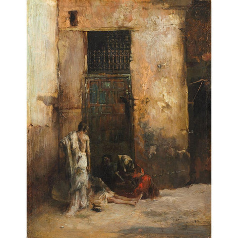 Beggars by a Door Black Modern Wood Framed Art Print by y Carbo, Mariono Fortuny