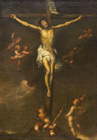 Crucifixion White Modern Wood Framed Art Print with Double Matting by Spain 19th Century