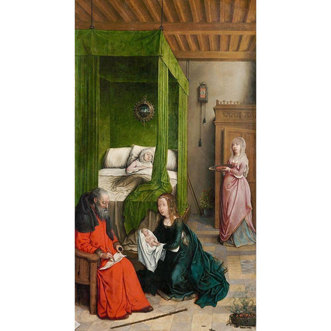 The Birth and Naming of John the Baptist Gold Ornate Wood Framed Art Print with Double Matting by Flandes, Juan de