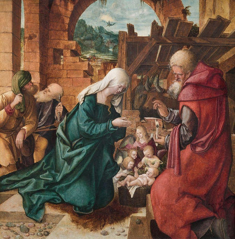 Adoration of the Shepherds White Modern Wood Framed Art Print with Double Matting by Schaufelein, Hans Leonhard