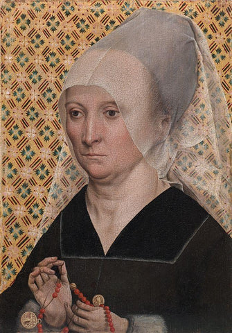 Portrait of a Woman Black Ornate Wood Framed Art Print with Double Matting by Master of the Holy Kinship