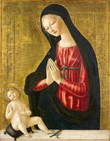 Virgin and Child with a Goldfinch Black Ornate Wood Framed Art Print with Double Matting by Landi, Neroccio de''