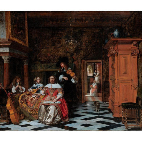 Portrait of a Family Playing Music Black Modern Wood Framed Art Print with Double Matting by Hooch, Pieter de