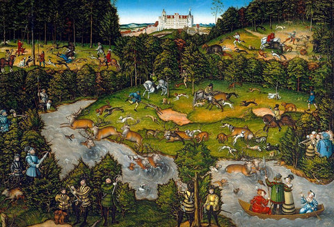 Hunting near Hartenfels Castle Black Ornate Wood Framed Art Print with Double Matting by Cranach, Lucas