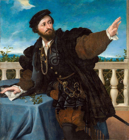 Portrait of a Man, possibly Girolamo Rosati Black Ornate Wood Framed Art Print with Double Matting by Lotto, Lorenzo