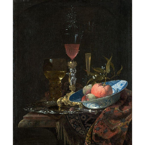 Wineglass and a Bowl of Fruit Gold Ornate Wood Framed Art Print with Double Matting by Kalf, Willem