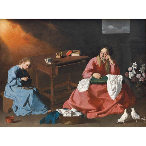 Christ and the Virgin in the House at Nazareth Black Modern Wood Framed Art Print with Double Matting by Zurbaran, Francisco de