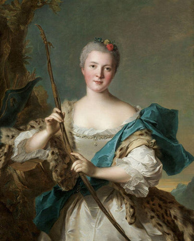 Portrait of a Woman as Diana Black Ornate Wood Framed Art Print with Double Matting by Nattier, Jean-Marc