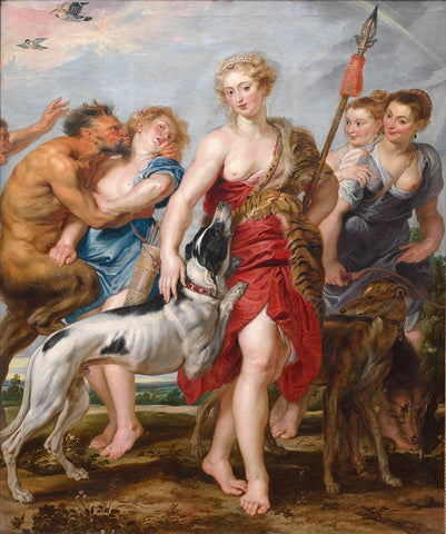 Diana and Her Nymphs Departing for the Hunt White Modern Wood Framed Art Print with Double Matting by Rubens, Peter Paul