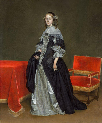 Portrait of a Woman Black Ornate Wood Framed Art Print with Double Matting by Borch, Gerard ter