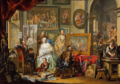 The Artists Studio Black Ornate Wood Framed Art Print with Double Matting by Platzer, Johann Georg