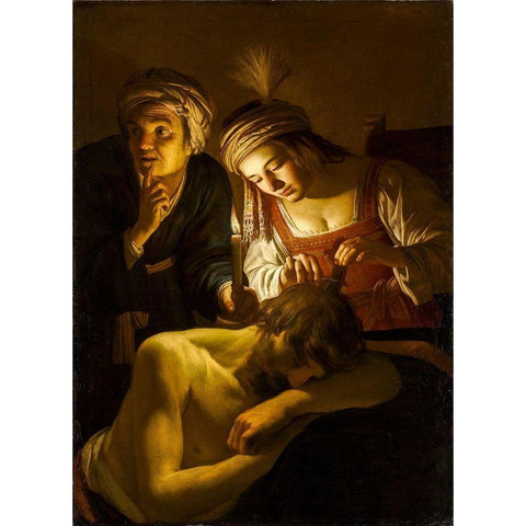 Samson and Delilah Black Modern Wood Framed Art Print with Double Matting by Honthorst, Gerrit van