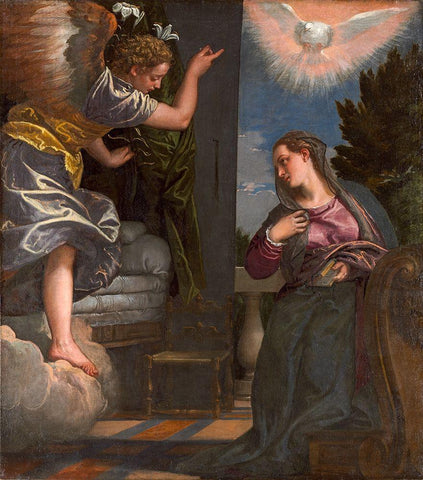 The Annunciation White Modern Wood Framed Art Print with Double Matting by VeroneseÂ , Paolo