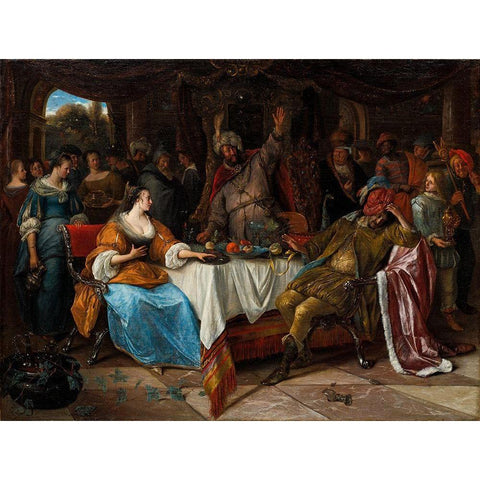 Esther, Ahasuerus, and Haman Gold Ornate Wood Framed Art Print with Double Matting by Steen, Jan