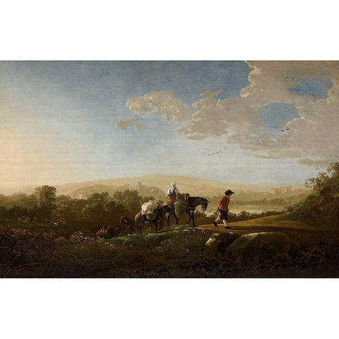 Travelers in Hilly Countryside Black Modern Wood Framed Art Print with Double Matting by Cuyp, Aelbert