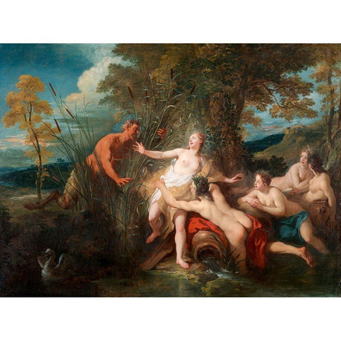 Pan and Syrinx Black Modern Wood Framed Art Print with Double Matting by de Troy, Jean Francois