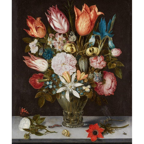 Flowers in a Glass Gold Ornate Wood Framed Art Print with Double Matting by Bosschaert, Ambrosius