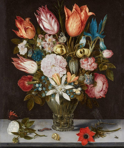 Flowers in a Glass Black Ornate Wood Framed Art Print with Double Matting by Bosschaert, Ambrosius