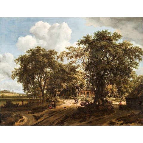 A Cottage in the Woods Black Modern Wood Framed Art Print with Double Matting by Hobbema, Meindert