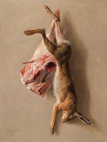 A Hare and a Leg of Lamb White Modern Wood Framed Art Print with Double Matting by Oudry, Jean-Baptiste