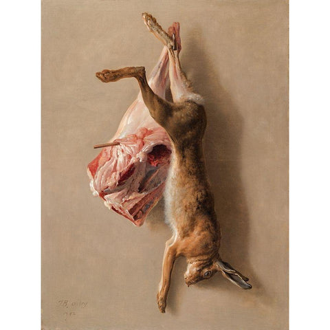 A Hare and a Leg of Lamb White Modern Wood Framed Art Print by Oudry, Jean-Baptiste