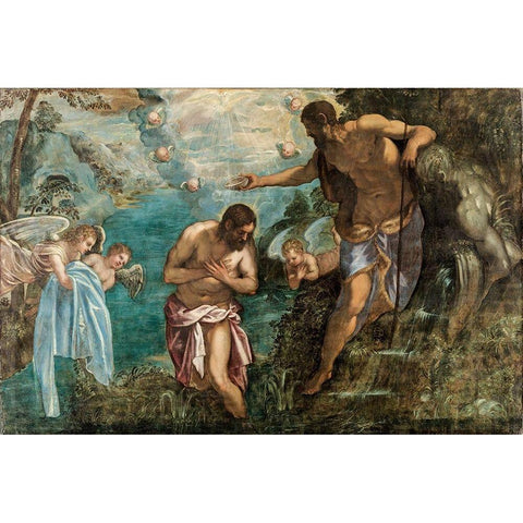 Baptism of Christ Black Modern Wood Framed Art Print with Double Matting by Tintoretto, Jacopo