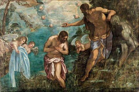 Baptism of Christ Black Ornate Wood Framed Art Print with Double Matting by Tintoretto, Jacopo