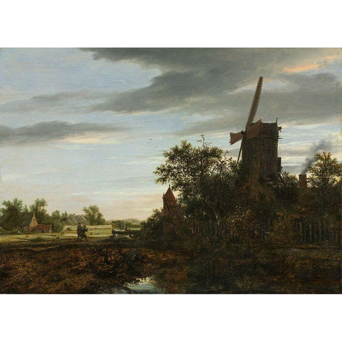 Landscape with a Windmill Gold Ornate Wood Framed Art Print with Double Matting by Ruisdael, Jacob van