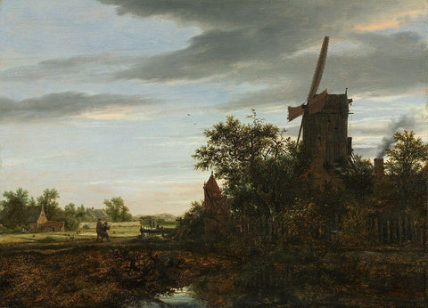 Landscape with a Windmill Black Ornate Wood Framed Art Print with Double Matting by Ruisdael, Jacob van