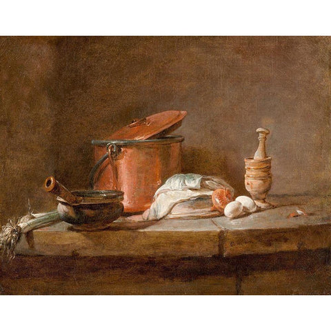 Kitchen Utensils with Leeks, Fish, and Eggs Black Modern Wood Framed Art Print with Double Matting by Chardin, Jean-Simeon