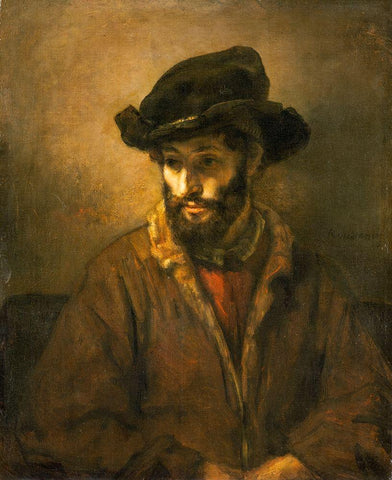 A Bearded Man Wearing a Hat White Modern Wood Framed Art Print with Double Matting by van Rijn, Rembrandt